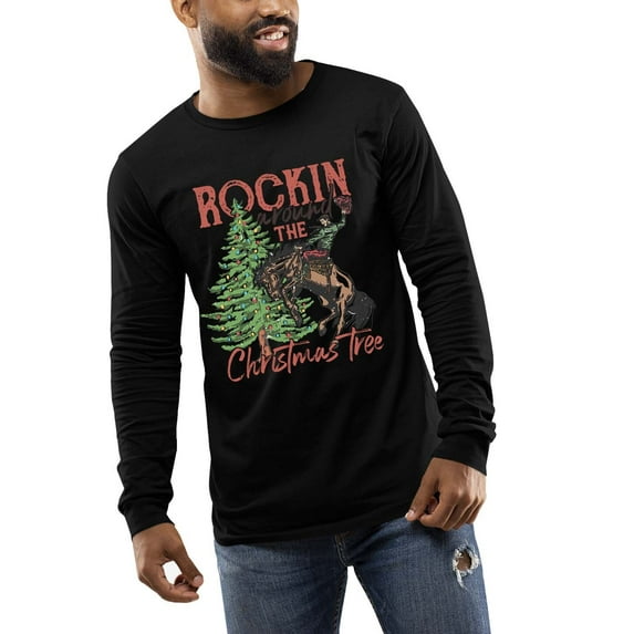 Rockin Around Cowboy Christmas Tree Holiday Shirt Mens Long Sleeve T-shirt Christmas Graphic Tee-Black-xxxl