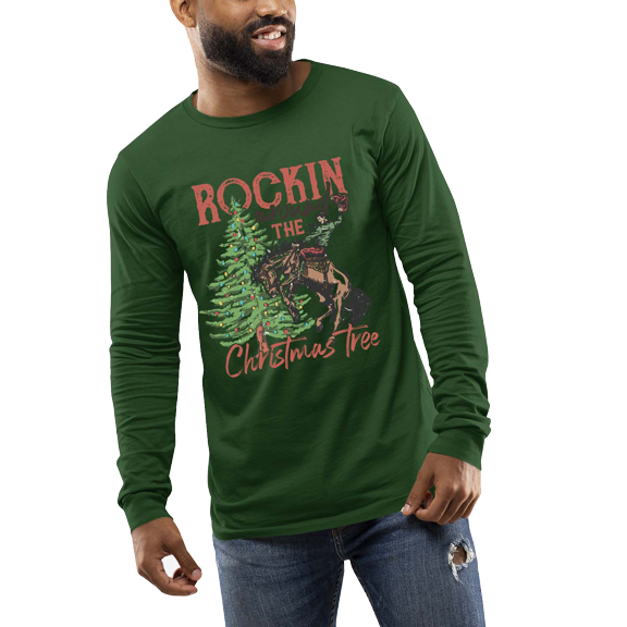 Rockin Around Cowboy Christmas Tree Holiday Shirt Mens Long Sleeve T-shirt Christmas Graphic Tee-Forest Green-medium