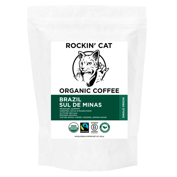 Rockin' Cat Organic Coffee - Brazil Sul de Minas - Single Origin - Fairtrade - Specialty Grade Whole Bean Coffee