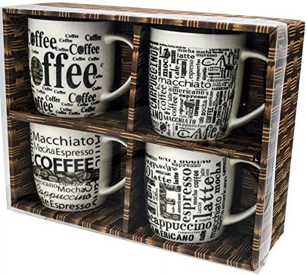 Vintage White Ceramic Coffee Mugs Set of 4 with Café Phrases