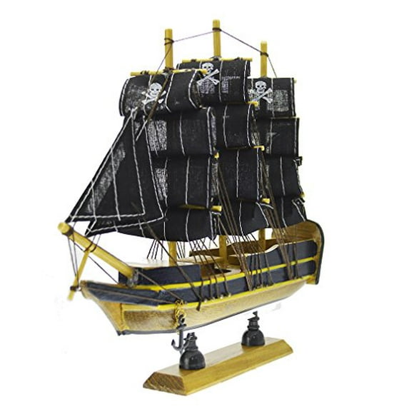 Rockin Gear Nautical Pirate Ship Figurine -Pre Built Watercraft Genuine Handcrafted Wood 10" - Collectible Sailboat Home Decor (Black)
