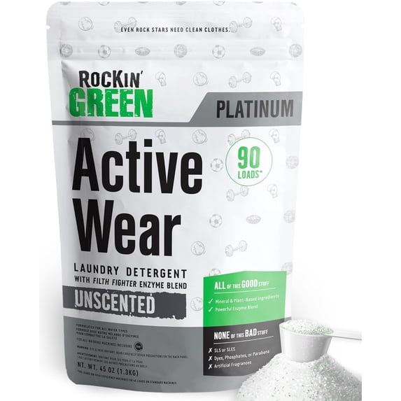 Rockin’ Green Active Wear Laundry Detergent - Unscented Laundry Detergent Powder & Odor Eliminator - Work Clothes & Sportswear - Safe for Sensitive Skin - 90 Loads