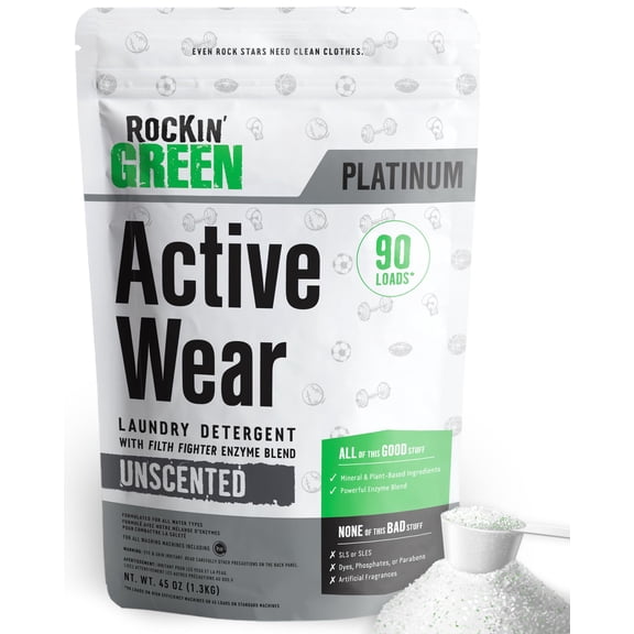 Rockin Green Active Wear Laundry Detergent - Unscented Laundry Detergent Powder & Odor Eliminator - Workout Clothes & Sportswear - Safe for Sensitive Skin - 90 Loads