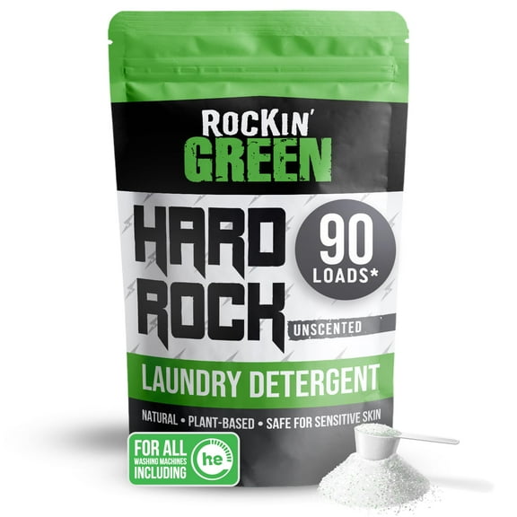 Rockin' Green Hard Rock Laundry Detergent for Hard Water (90 Loads), Plant based, Natural Laundry Detergent Powder, Biodegradable Odor Fighter, Safe for Sensitive Skin, 45 oz (Unscented)