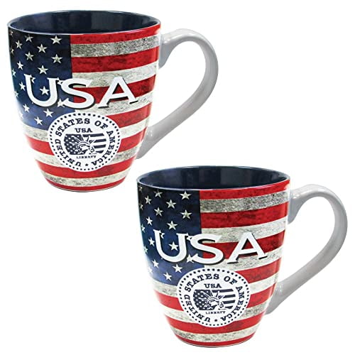 Rockin Mug USA American Flag Patriotic Fun Sets Statue of Liberty Seal 4th July Independence Ceramic 14 oz Cups, Mug Sets for Men & Women United States of America (2 PACK)
