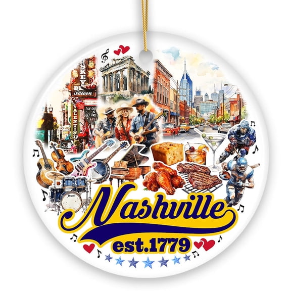 Rockin Nashville City Ceramic Art Ornament, Vintage Tennessee Souvenir and Christmas Decor