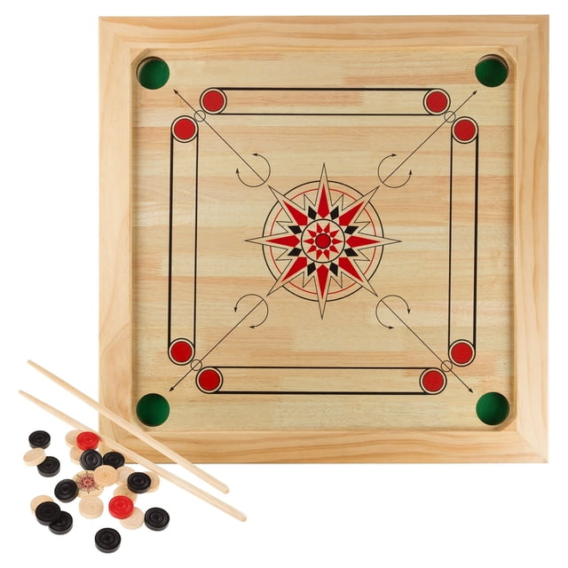 Rockin Rollers Carrom Board Game with Coins and Strikers, Wooden Board Game Set for Adults and Kids - 26" Square