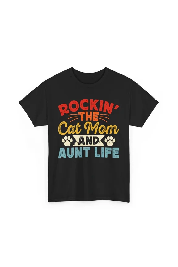 Rockin' The Cat Mom and Aunt Life Retro Paw Print Auntie Kitty Family Unisex T-Shirt, S-5XL