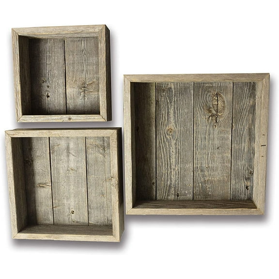 Rockin' Wood Rustic Wood Shadow Box Floating Shelves with Wood Backing, Made with Reclaimed barn Wood, Set of 3, Weathered Grey