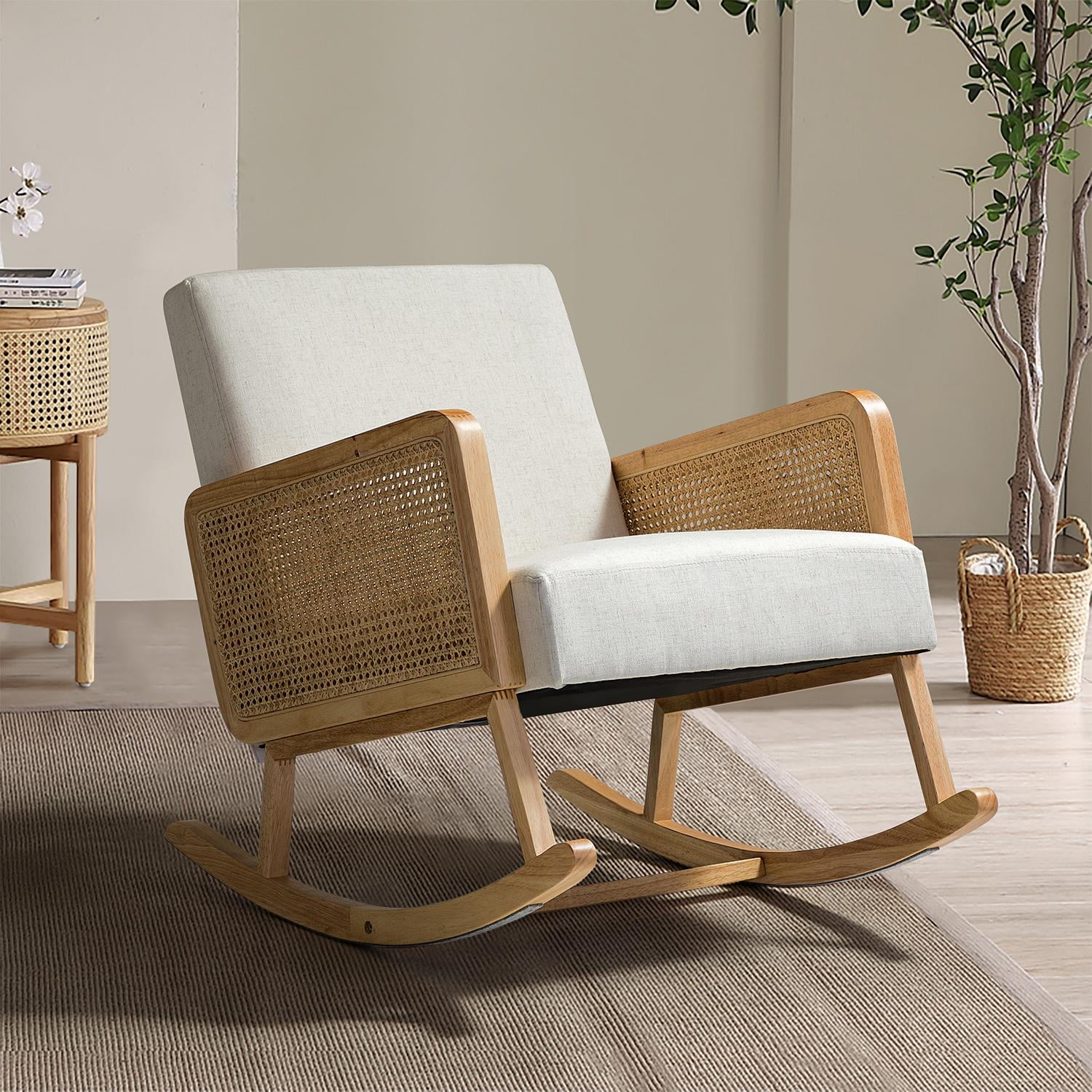 Rocking Accent Chair Rattan Arms for Leisure Time Modern Comfy Upholstered Glider Rocker