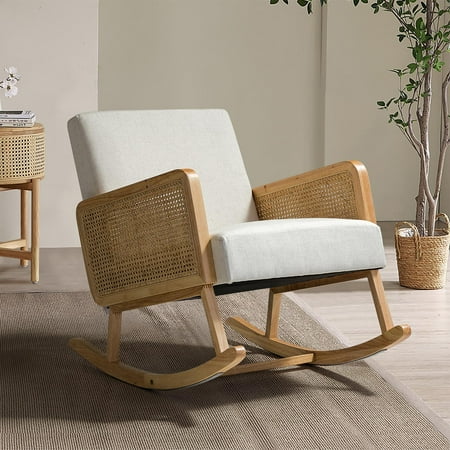 Rocking Accent Chair Rattan Arms for Leisure Time Modern Comfy Upholstered Glider Rocker Armchair Nursery Bedroom Linen