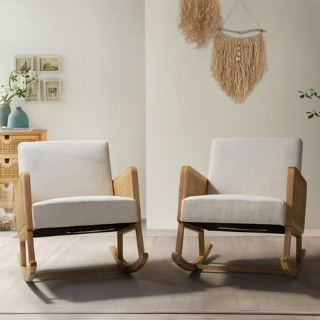 Rocking Accent Chair Rattan Arms for Leisure Time Modern Comfy Upholstered Glider Rocker Armchair Nursery Bedroom Set of 2 Linen