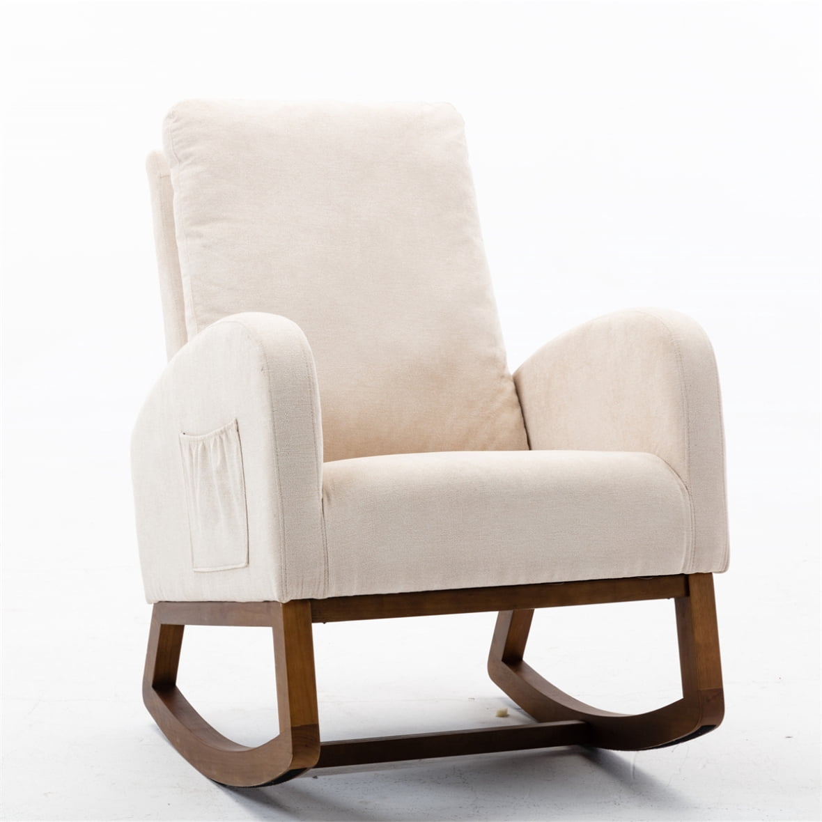 Side Rocking Chair Rocking Accent Chair with Wood Legs and Side Pocket, Linen Recliner Arm ...