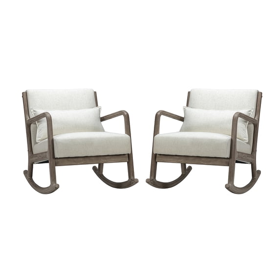 Rocking Accent Chair set of 2 Mid-Century Upholstery Rocker Wooden Legs with a Lumbar Pillow Linen