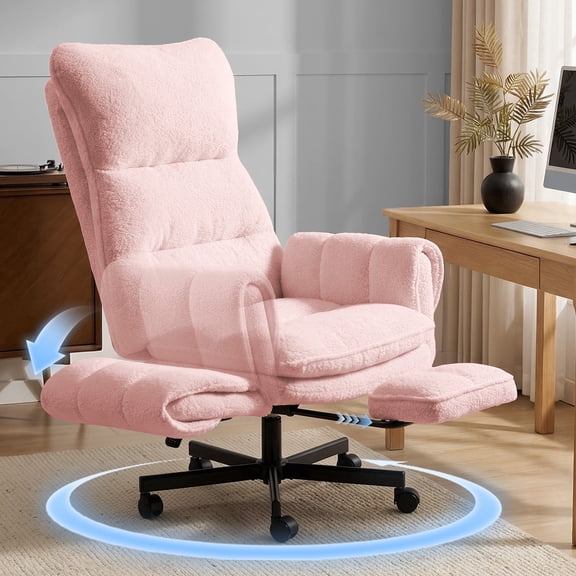 Big and Tall Office Chair, Cloud Teddy Plush Swivel Desk Chair with 6-Level Adjustable Armrests, Home Ergonomic Executive Office Chair, Pink
