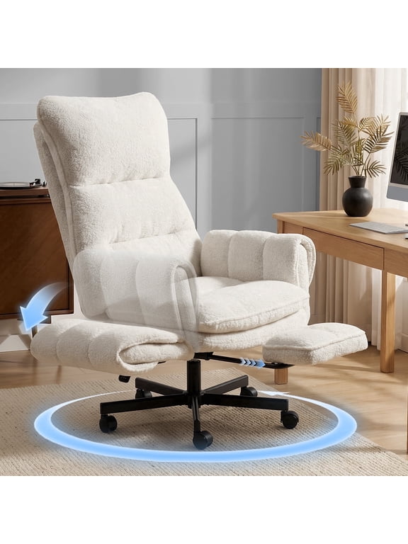 Big and Tall Office Chair, Teddy Plush Swivel Desk Chair Ergonomic Computer Chairs with Adjustable Armrests, Beige