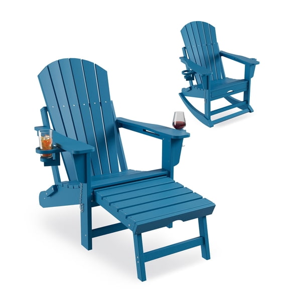 Rocking Adirondack Chairs, Folding Adirondack Rocking Chair With Footrest, Adirondack RockingChair Outdoor With Retractable Ottoman and Cup Holder