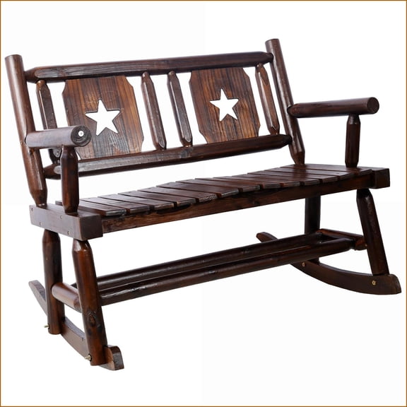 Rocking Bench | 2-Person Outdoor Solid Carbonized Wood Curved Seat | Rustic Brown | Solid Wood | Carbonized Finish
