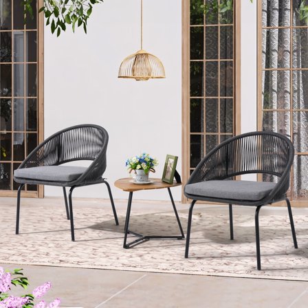 Patio Bistro Set of 3, Wicker Conversation Furniture Set with with Coffee Table and Cushions, Outdoor Rattan Chair and Table Set, Gray