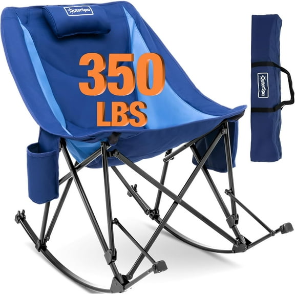 Rocking Camping Chair, Luxury Padded Recliner, Oversized Folding Lawn Chair with Pocket, Heavy Duty for Outdoor/Picnic/Lounge/Patio, Portable Camp Rocker Chairs with Carry Bag, Blue