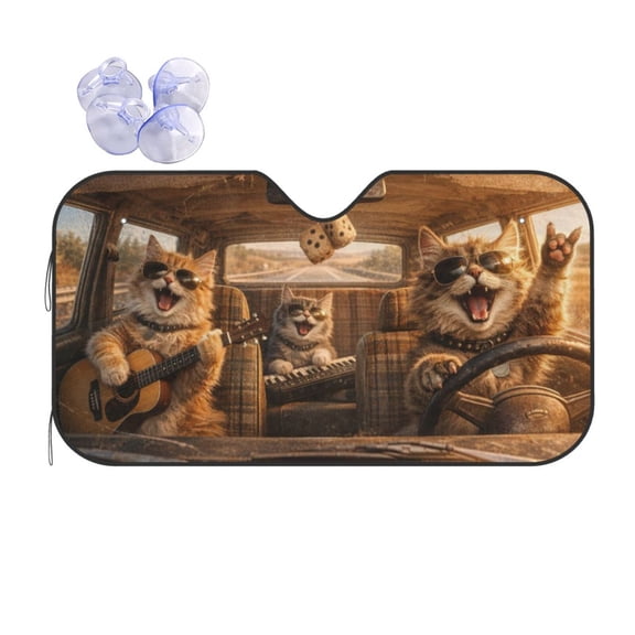 Rocking Cat Duo Road Trip Windshield Sun Shade - Humorous Musical Cats Driving Car Design, Blocks Sun Glare UV Heat & Fading, Foldable Front Window Sunshade Fits Cars SUVs Vans