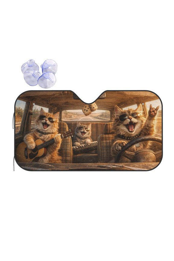 Rocking Cat Duo Road Trip Windshield Sun Shade - Humorous Musical Cats Driving Car Design, Blocks Sun Glare UV Heat & Fading, Foldable Front Window Sunshade Fits Cars SUVs Vans