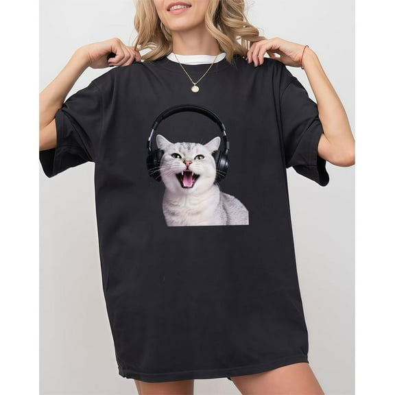 Rocking Cat Womens Graphic Tee Shirt Headphones Music Fun Tops Short Sleeve Crew Neck Black S-5XL
