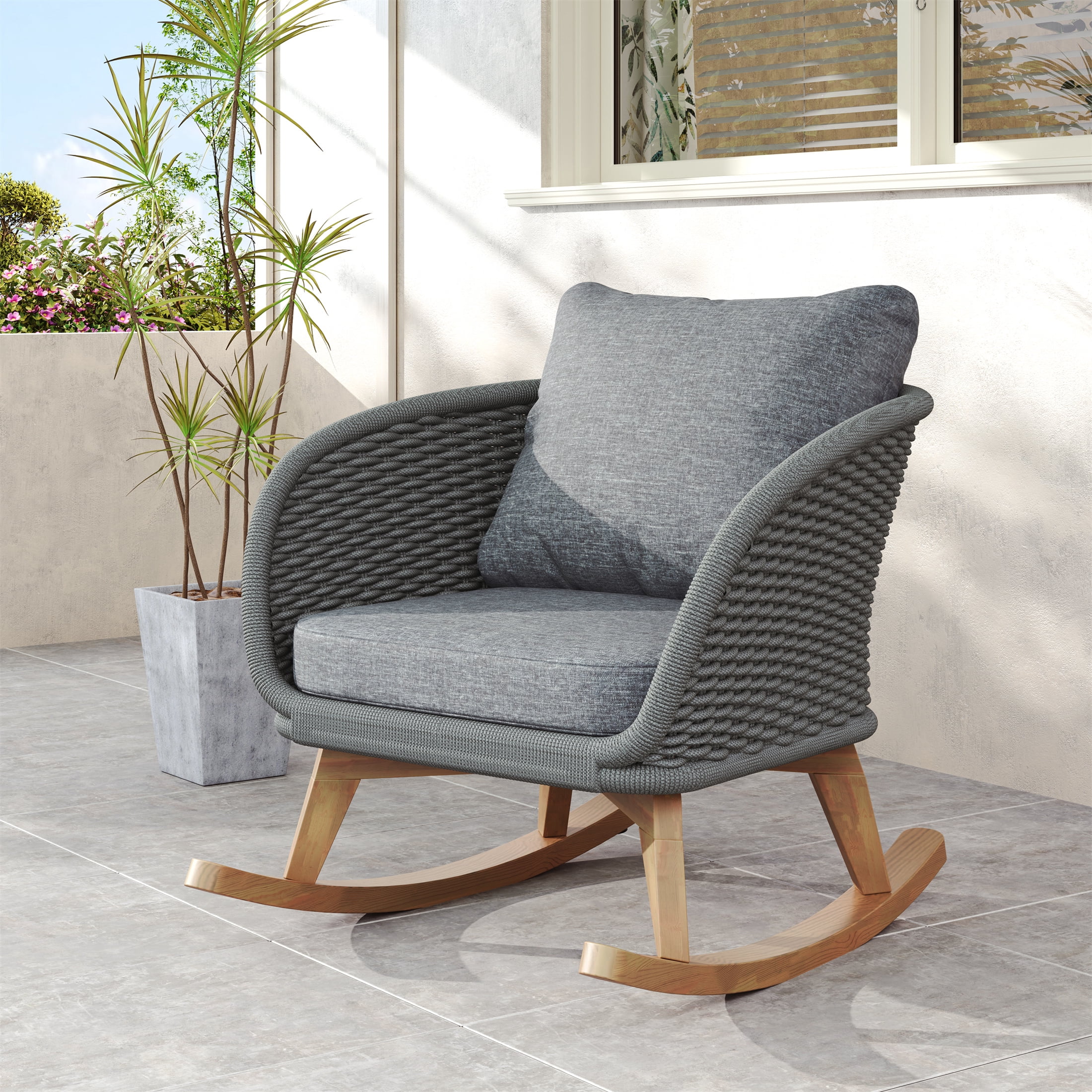 Rocking Chair, 29.5 Inch Minimalist Gray Wicker Chair with Cushions for Patio Balcony, Gray