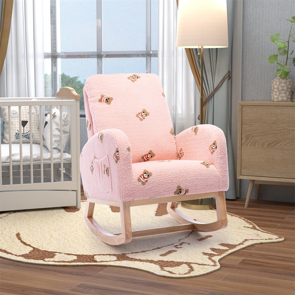 HomSof 26.8 W Modern Rocking Chair for Nursery Mid Century Accent Rocker Armchair with Side Pocket Upholstered High Back Wooden Rocking Chair for