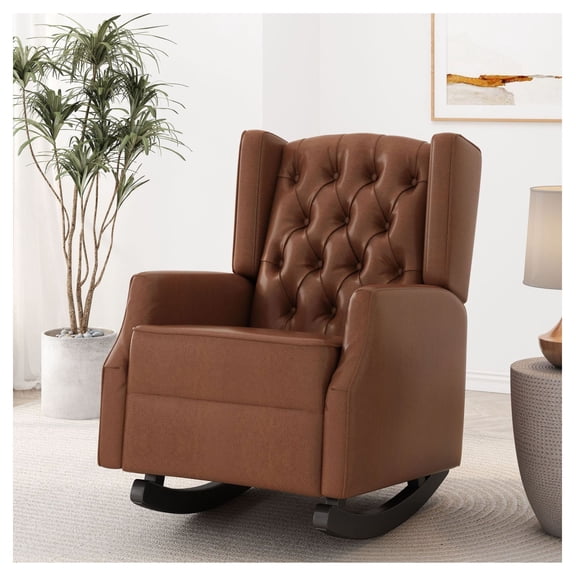 Rocking Chair, Contemporary Wingback Rocker, Button Tufted Living Room Chair, Birch Wood Rockers, Modern Home Accent Chair, 26.5"W x 36.5"D