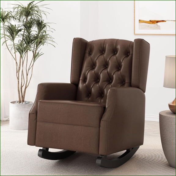 Rocking Chair, Contemporary Wingback with Button Tufting | Dark Brown PU Upholstery
