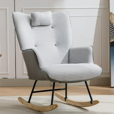 Rocking Chair Cotton Linen Upholstered Glider Chair High Back Armchair For Living Room Bedroom Playroom