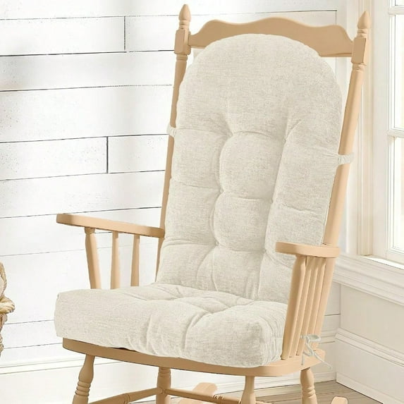 Rocking Chair Cushion Chenille Fabric HighDensity Sponge Durable Comfort NonSlip Bottom Tufted Seat Pads with Ties ChenilleOyster White 44x19x4 inch