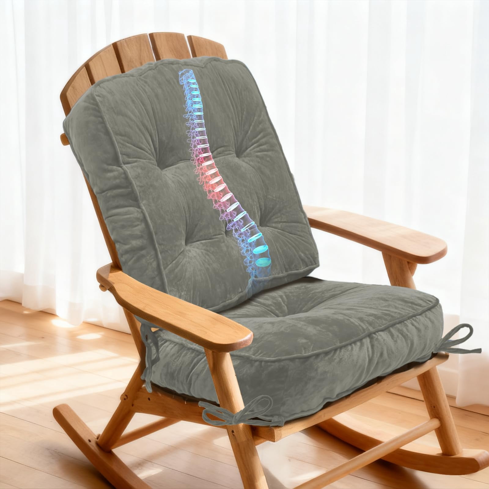 Rocking Chair Cushion, High-Density Sponge,Memory Foam Non Slip,FadeShield Thicken Durable Tufted Pads,Set of Seat & Back Cushion with Ties for Outdoor Rocker, 2 Piece, Blue,22x17x3/17x17x4