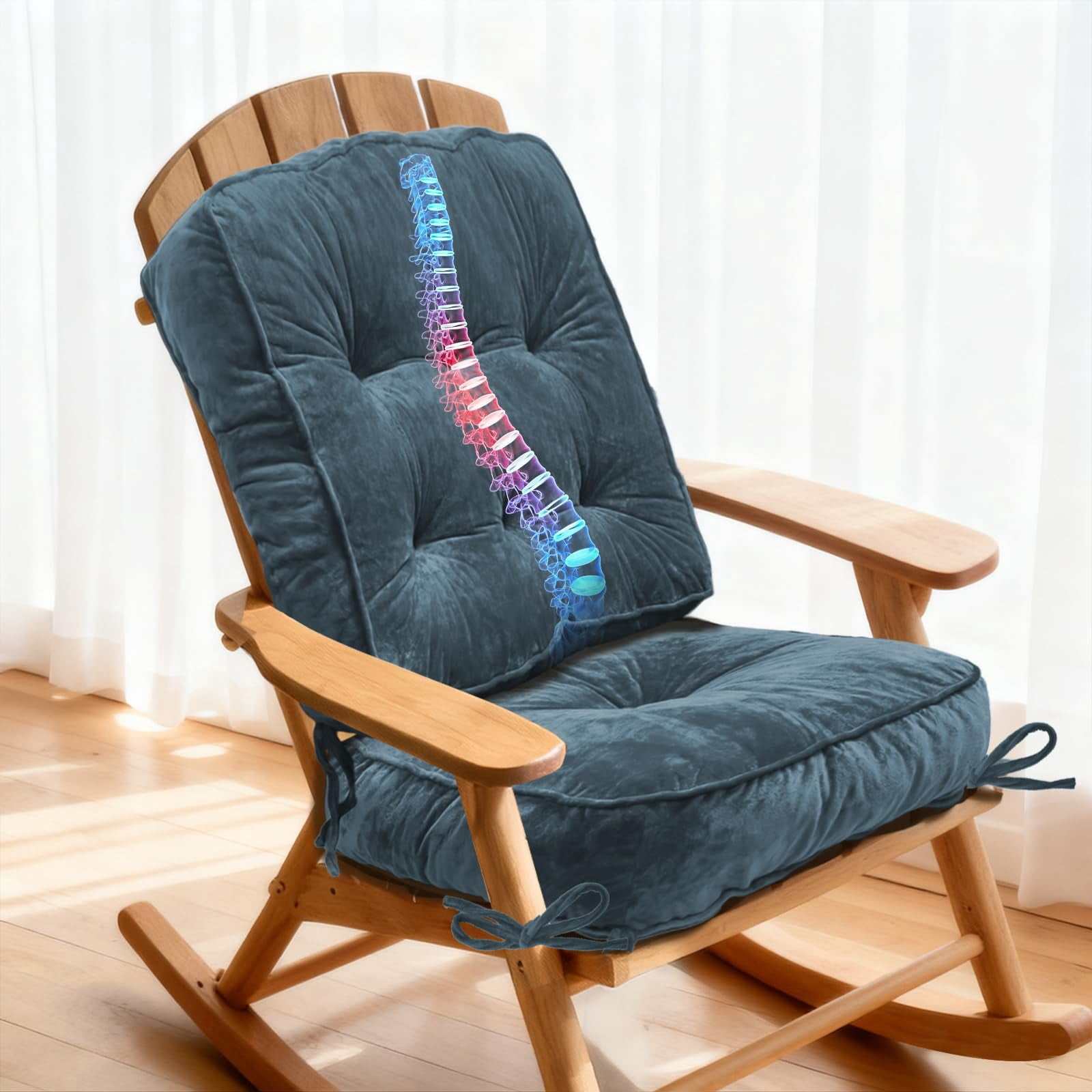 Rocking Chair Cushion, High-Density Sponge,Memory Foam Non Slip,FadeShield Thicken Durable Tufted Pads,Set of Seat & Back Cushion with Ties for Outdoor Rocker, 2 Piece, Blue,22x17x3/17x17x4