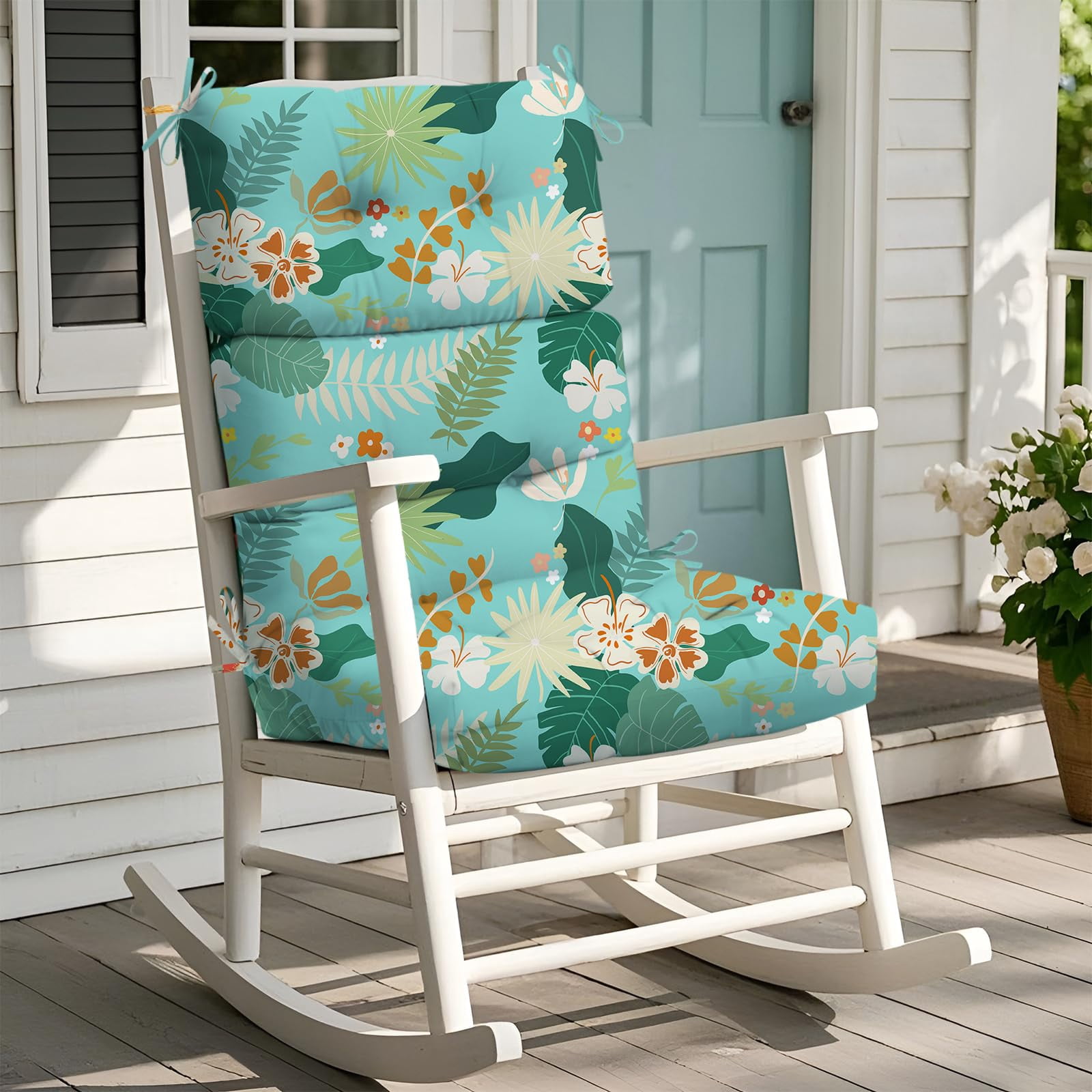 Rocking Chair Cushion, Waterproof Chairs Cushions for Adirondack Chairs Patio Couch High Back Thicked Cushions Outdoor and Indoor with Ties, Cyan Flower Leaves