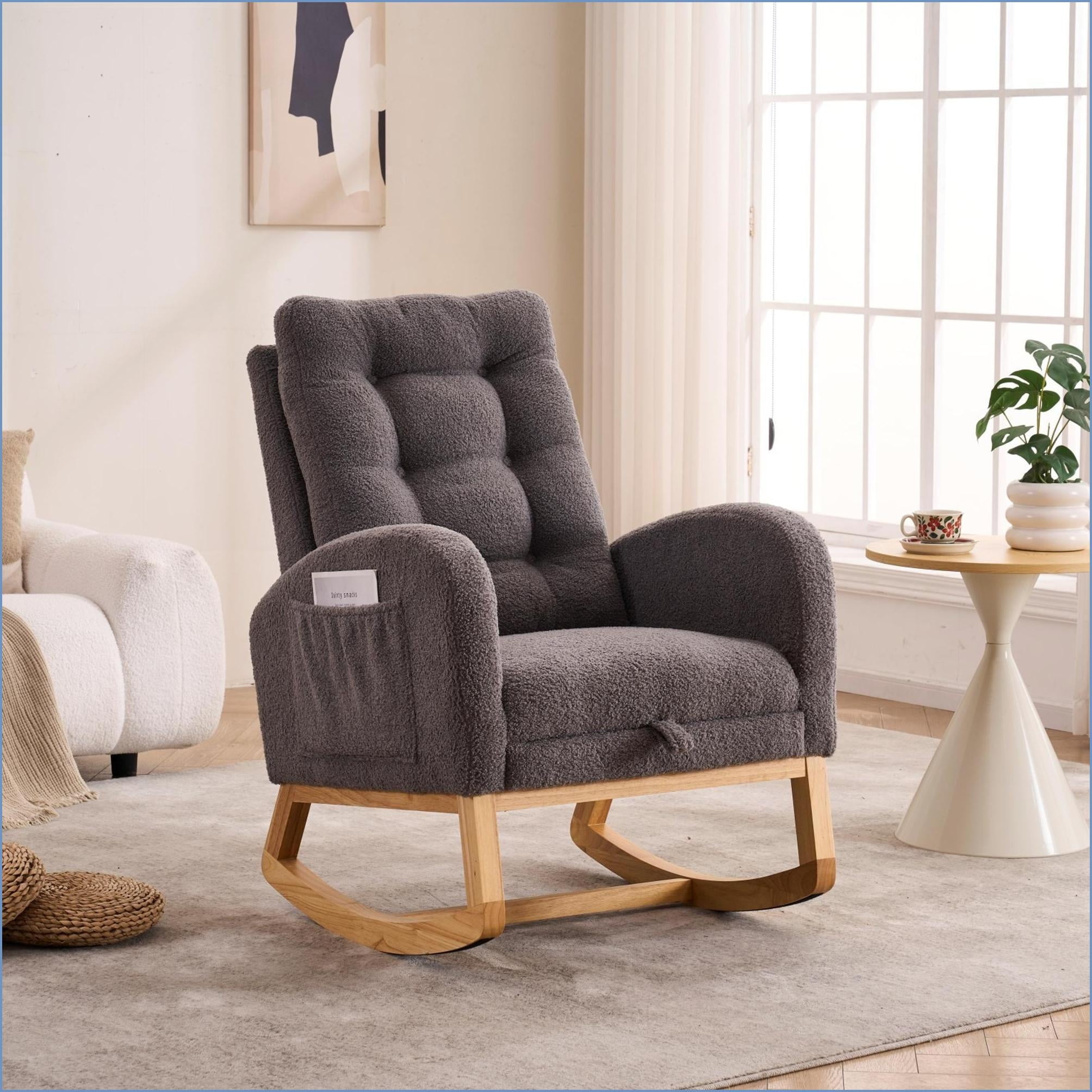 Rocking Chair with Footrest & Side Storage Pocket, Dark Gray High Back Upholstered, Rubber Wood Legs | Casual | Rubberwood