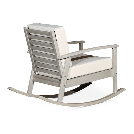 Rocking Chair, Eucalyptus Wood, Burgundy Cushions, Fadeproof Driftwood Gray Construction,