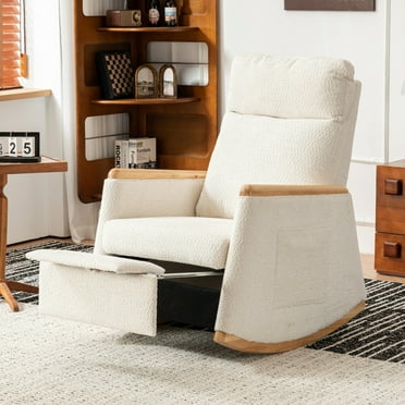 Rocking Chair with Foot Rest, Accent Upholstered Glider Chair with High Back and Rubber Wood Legs, Rocker Arm Chair for Living Room, Bedroom, Baby Room, Beige