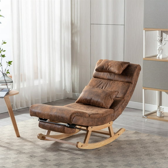 Rocking Chair with Footrest, Polyester Upholstered Accent Rocker with Waist Pillow, High Back Rock Chair Leisure Chair with Soft Headrest and Solid Wood Legs for Living Room Bedroom Office, Coffee