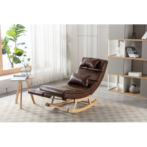 Rocking Chair with Headrest and Footrest, Upholstered Glider Chair with Wood Rocker, Modern Leisure Rocking Chair with a Pillow, Recliner Chair for for Nursery Bedroom Living Room, Brown