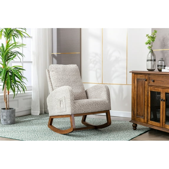 Rocking Chair, High Backrest Upholstered Velvet Accent Armchair with Rubber Wood Legs and Side Pocket, Comfy Glider Rocker Chair for Living Room and Bedroom, Leopard Gray