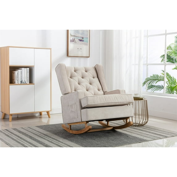 Rocking Chair Indoor Lounge Chair Comfortable Accent Chair,Nursery Glider Recliner Modern Rocker Glider Chair with Button Tufted High Back Cushion for Living Room Bedroom Office, Beige