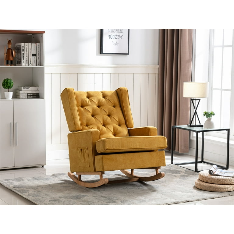 Rocking Chair Indoor Lounge Chair Comfortable Accent Chair,Nursery Glider  Recliner Modern Rocker Glider Chair with Button Tufted High Back Cushion  for Living Room Bedroom Office, Mustard 