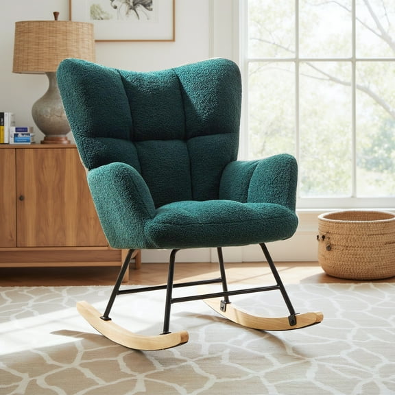 Rocking Chair, Indoors Glider Accent Armchair with High Backrest for Nursery, Bedroom, Teddy Fabric with Solid Wood Legs, Green