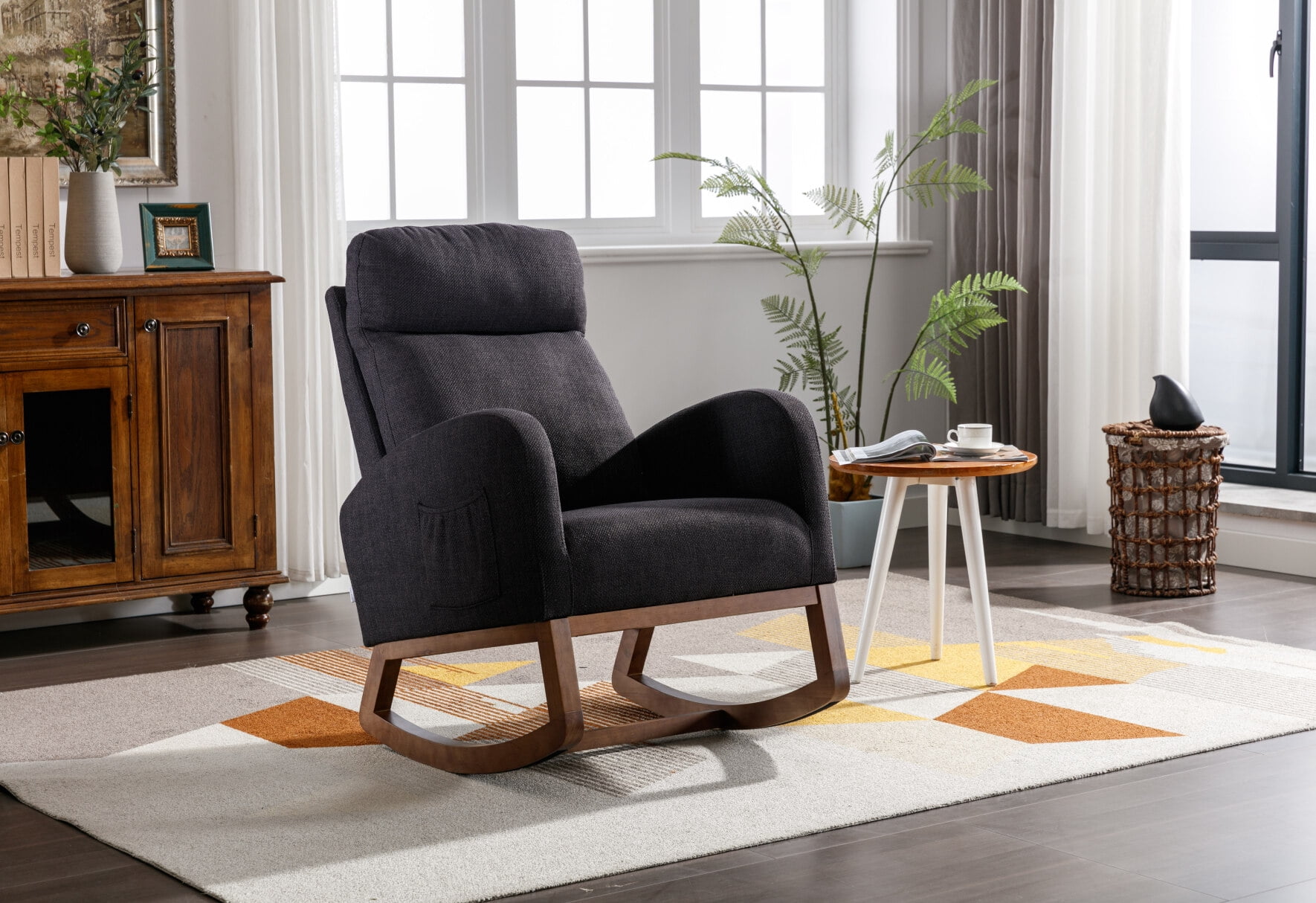 Rocking Chair, Linen Upholstered Armchair with Padded High-Backrest ...