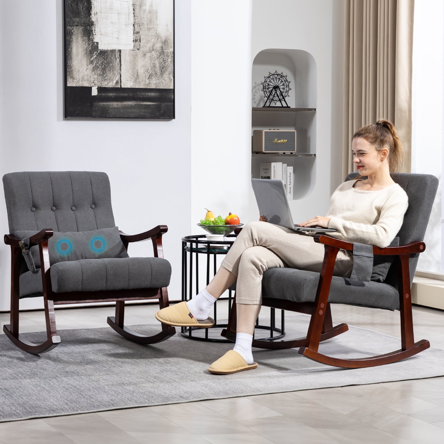 Rocking Chair with Massage Lumbar Support,Upholstered Glider Chair with Side Pocket, Nursery Rocker with High Backrest,Rubber Wood Legs, Rocking Accent Armchair for Living Room Bedroom Nursery