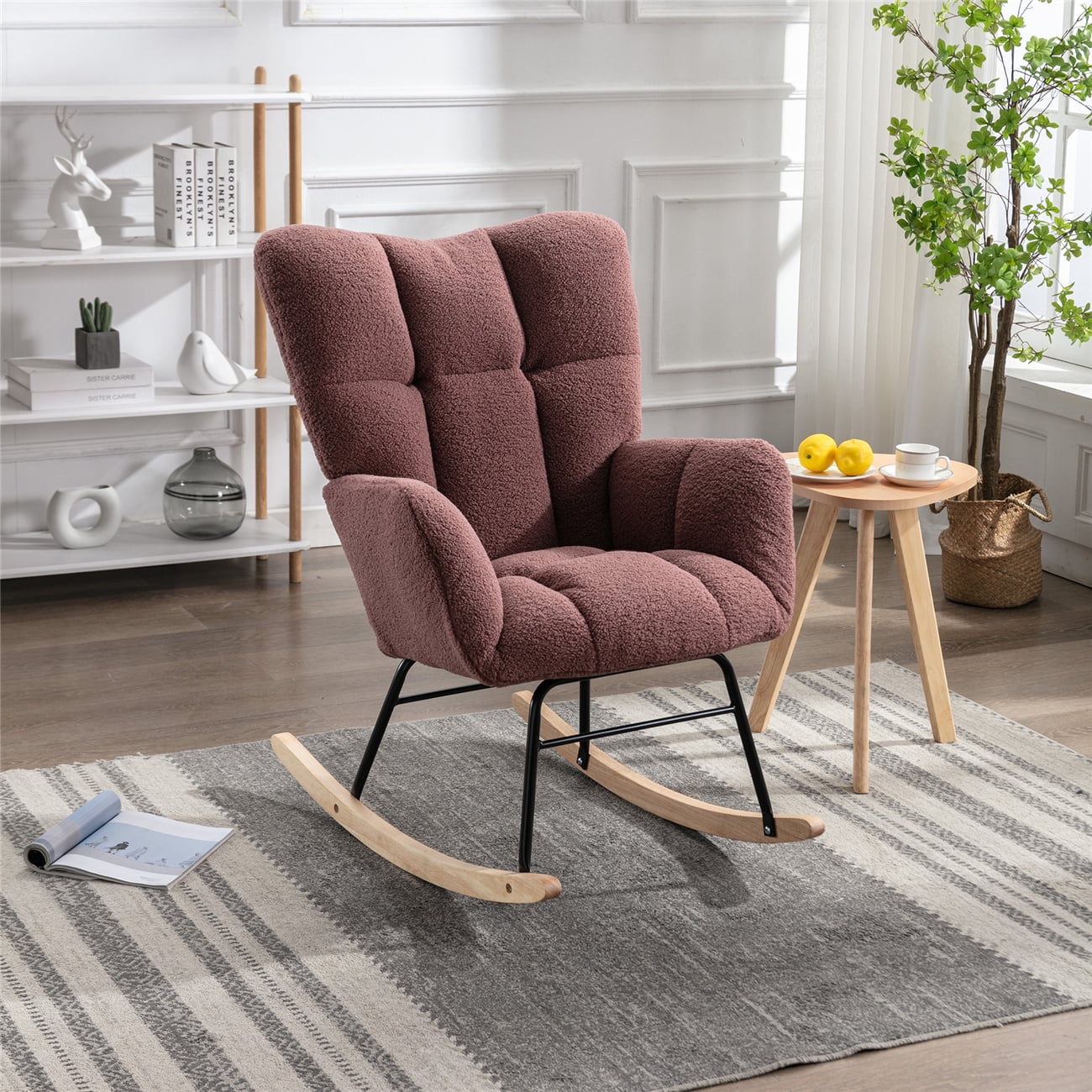 Rocking Chair Mid Century Teddy Fabric Tufted Upholstered Accent