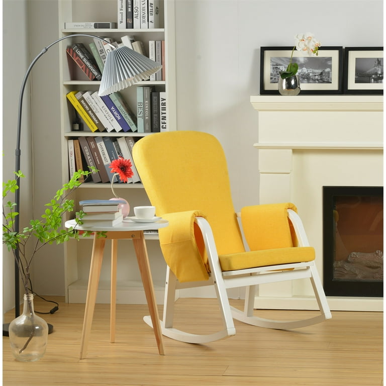 Rocking Chair, Modern Fabric Upholstered Nursery Glider Rocker with Curved  Wood Base and Side Pocket, Comfortable High Back Armchair Single Sofa Chair  with Removable Cushion for Living Room, Yellow 