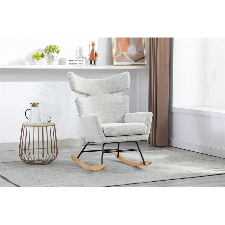 Rocking Chair Modern Fish Tail Shaped Accent Glider Rocker Chair with Metal Frame and Wood Base Comfy Single Sofa Chair Leisure Chair with Padded Cushion and High Backrest for Living Room Oyster